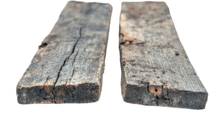 Close up view of two rustic wooden planks with visible cracks, isolated on a transparent background. PNG