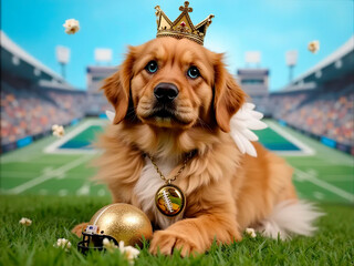 puppy golden retriever king Angel portrait on football background and popcorn | Commercial | Cute | Background for a football project | cute stadium