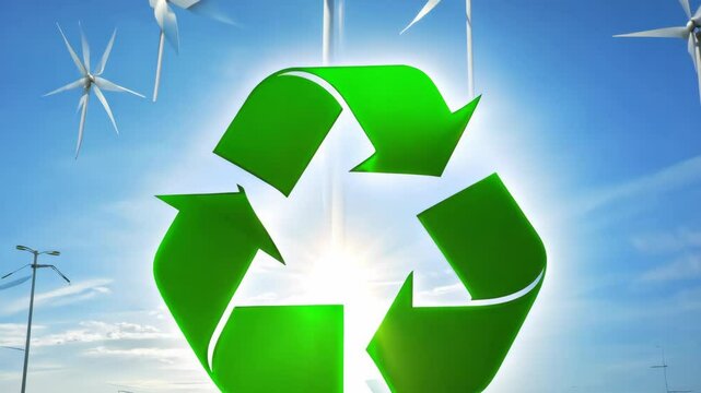 Green earth cover with Recycle symbol on green grass field on natural background. Waste and pollution elimination, clean and renewable energy concept, green world, eco friendly, environment day. Ecolo