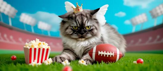 cat Grey King  commercial Angel portrait on football background and popcorn | Commercial | Cute | Background for a football project | cute stadium