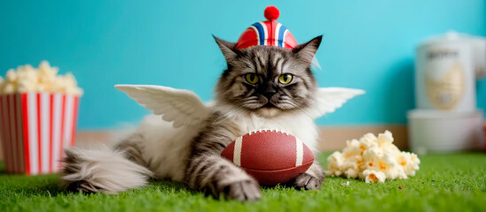Hat red cat Angel portrait on football background and popcorn | Commercial | Cute | Background for a football project | cute stadium