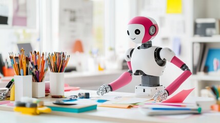 A humanoid robot organizing a craft station with art supplies in a bright workspace, with a focus on neatness and clean surroundings, Creative style