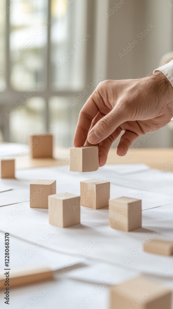 Poster minimalist strategy planning hand arranging wooden blocks on paper - collaborative design tools for 