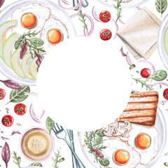 Square frame with breakfast products. Isolated watercolor illustration on food theme for restaurant menu design, gastronomic magazines and festivals.