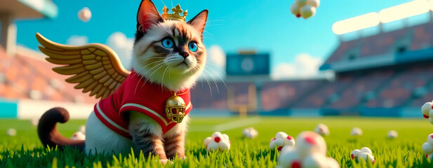 Siamese cat Angel portrait on football background and popcorn | Commercial | Cute | Background for a football project | cute stadium