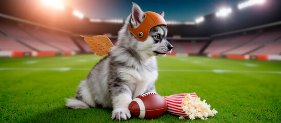 puppy  alaskan malamute Angel portrait on football background and popcorn | Commercial | Cute | Background for a football project | cute stadium