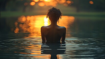 Fototapeta premium Serene Summer Solace Person Floating in Tranquil Lake Golden Reflection Shimmering Under Sunset Glow