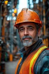 Middle-aged construction worker wearing a safety vest and helmet at job site
