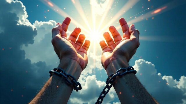 A person's hands are chained together, but they are reaching up towards the sky. Concept of freedom and hope, as the person is trying to break free from their chains and reach for something better