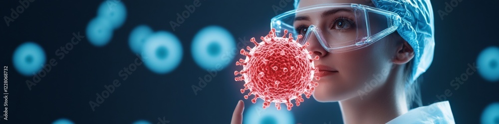 Aufkleber futuristic biotech visualization scientist in lab gear examines digital virus hologram - immersive a