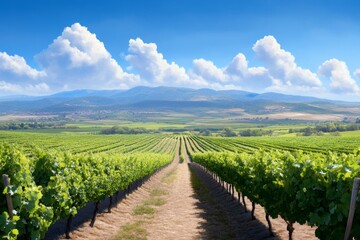 Naklejka premium Vineyard Landscape Under Blue Sky - Serene view of a vineyard stretching towards distant mountains under a bright blue sky dotted with fluffy white clouds.