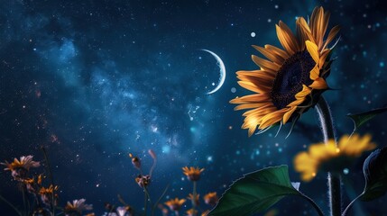 Sunflower Reaches for the Moon in a Celestial Nighttime Landscape Filled With Dreams and Hopes