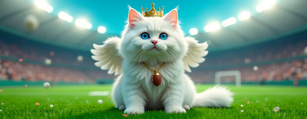 King cat Angel portrait blue eyes on football background and popcorn | Commercial | Cute | Background for a football project | cute stadium
