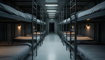 Long Corridor of Bunk Beds in a Dark Room