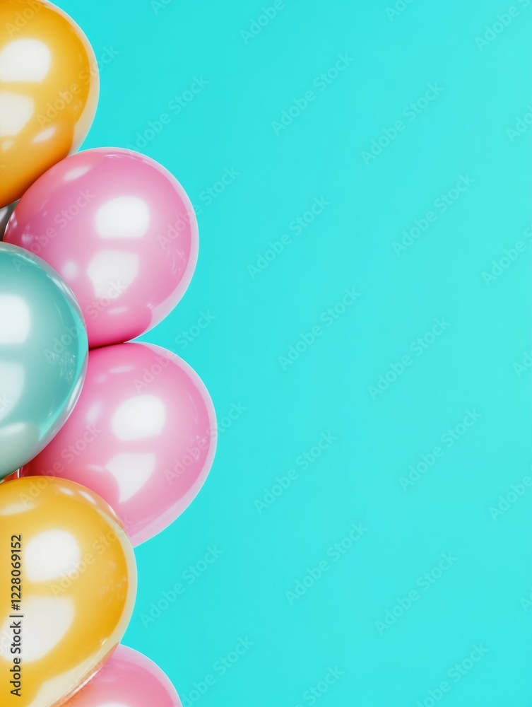 Poster futuristic vr metallic balloon display diagonal arrangement with pastel blue digital background - el