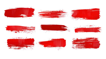 Nine red brush strokes showcasing different textures and styles, isolated on a transparent background. PNG