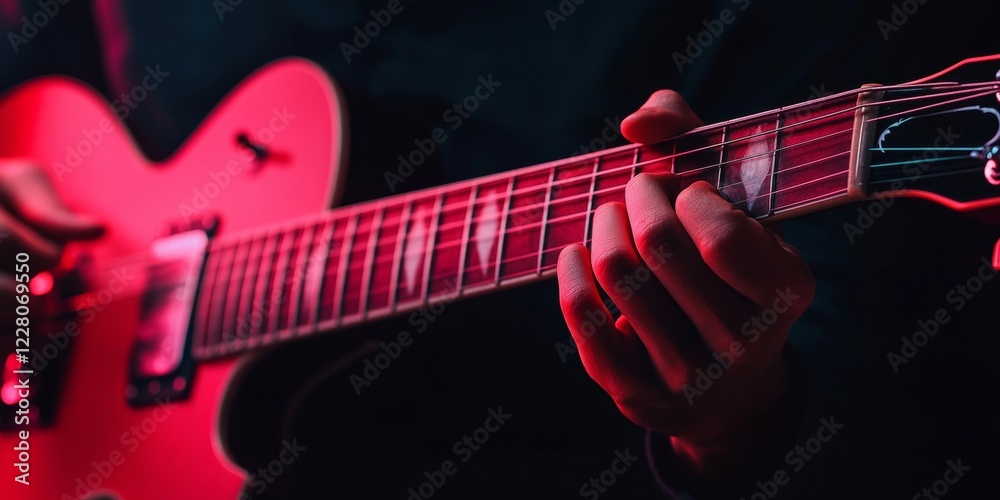 Aufkleber vibrant music scene close-up of guitarists hands on electric guitar strings in neon glow - dynamic p