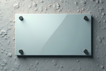 Empty silver glass sign on textured gray wall; ideal for branding projects , panel, clean
