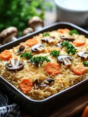 A large bowl of rice with mushrooms and carrots. The rice is covered in cheese and the vegetables are scattered throughout the dish