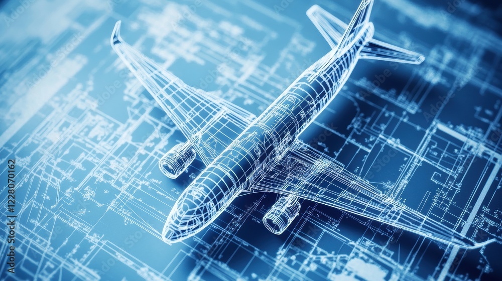 Poster Detailed technical blueprints showcasing the design and structure of an airplane on a blueprint background. Generative AI