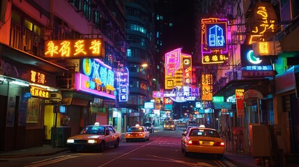 Naklejka premium City streets ablaze with vibrant hues, Where traffic signals guide the urban cruise. Neon nights dance, a symphony of light, Illuminating paths through the city's night. 