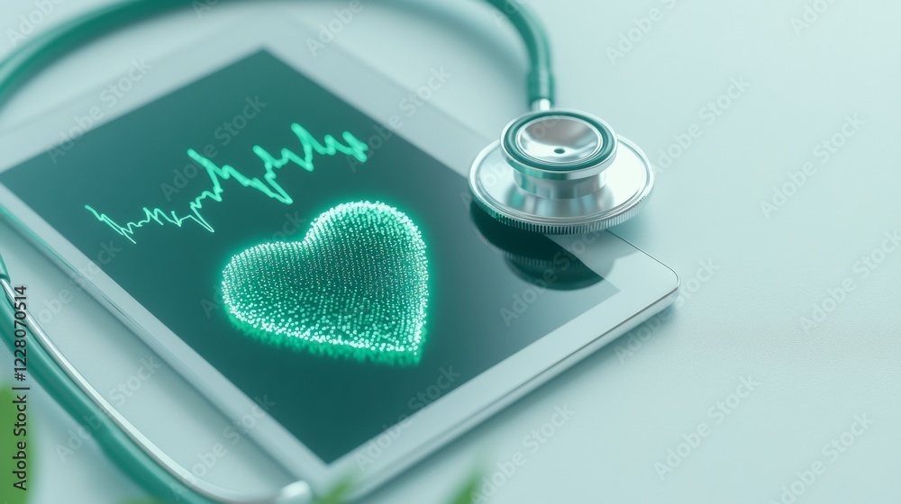 Poster sleek digital innovation metallic stethoscope on smart tablet with heart monitor - tech-forward pati