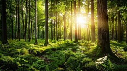 Obraz premium Lush Green Forest With Sunlight Filtering Through Trees and Ferns in a Tranquil Natural Setting