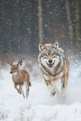 Obraz premium Gray Wolf Pursuit: A Daring Hunt Amid the Tranquil Snowy Forest