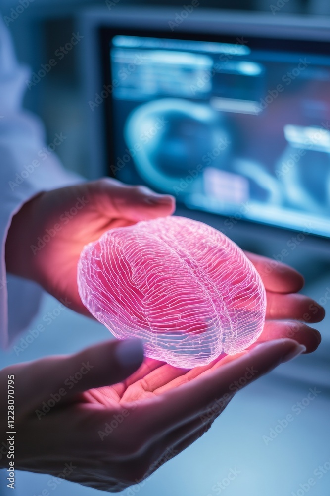 Aufkleber minimalist future tech display hands holding a -printed neon brain under led - innovating medical vi