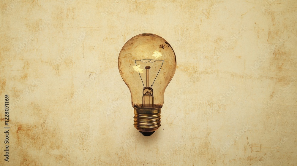 Aufkleber classic light bulb shining brightly on a textured beige background during daytime. generative ai