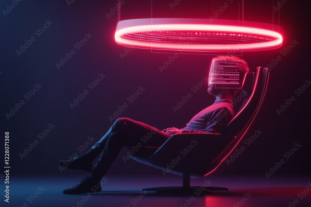 Poster futuristic gaming hub neon-infused ar interface with holographic stats suspended above minimalistic 