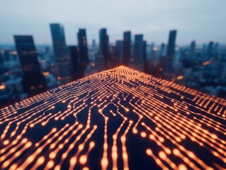 Futuristic Tech Display Digital Circuitry Over Urban Skyline - Advanced Cybersecurity Solutions for Business Innovation and Smart City Development