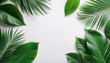 Green tropical leaves on white background with empty place for text 