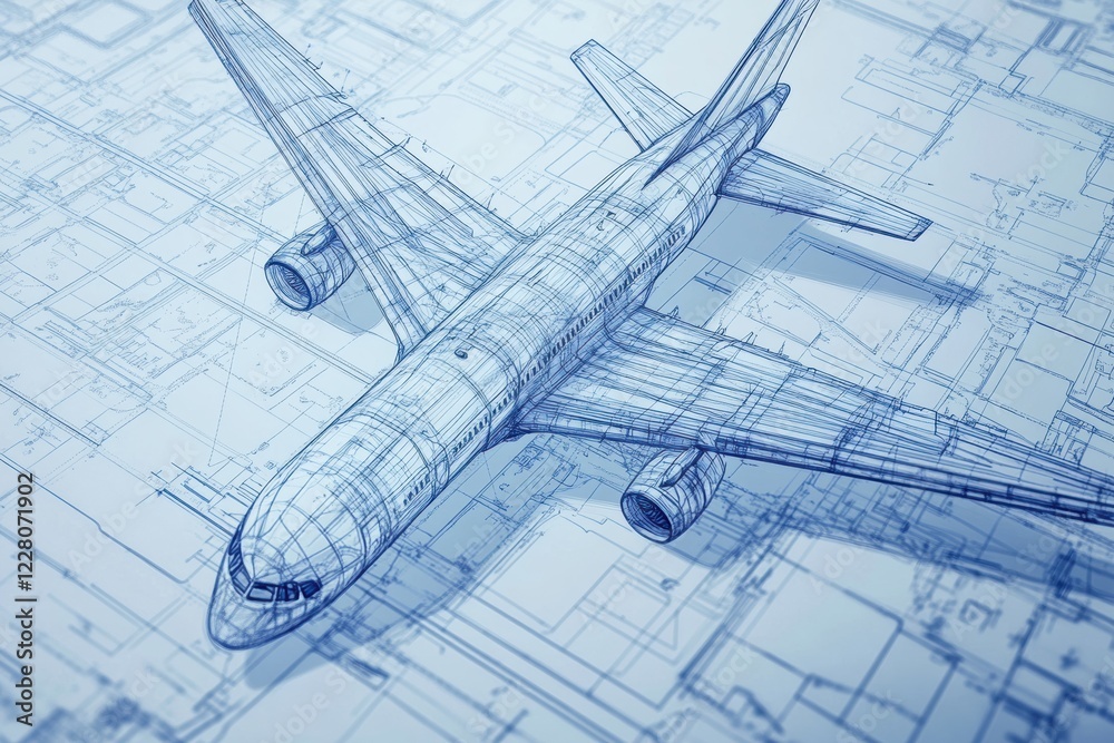 Fototapete Detailed technical blueprints showcase the design of a commercial airplane for engineering analysis and development. Generative AI