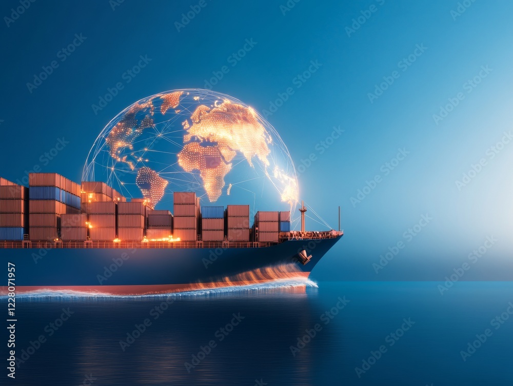 Poster Dynamic Trade Visualization Transparent Globe on Container Ship with Illuminated Routes - Cutting-Edge Maritime Logistics for Global Business Connectivity