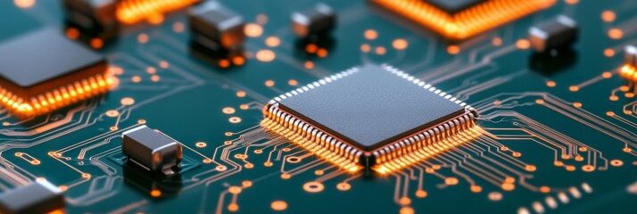 Obraz premium Futuristic Circuit Board Aesthetics High-Tech Chip with Data Flow Patterns and Glowing Connections - Enhanced Digital Security Solutions for Cutting-Edge IT Infrastructure