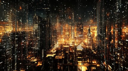 Obraz premium Futuristic metropolis at night, with dotted lines symbolizing connectivity. Represents the Internet of Things, urban intelligence, fast connections, and advanced networking. 