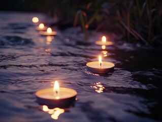 Peaceful water with lit candles