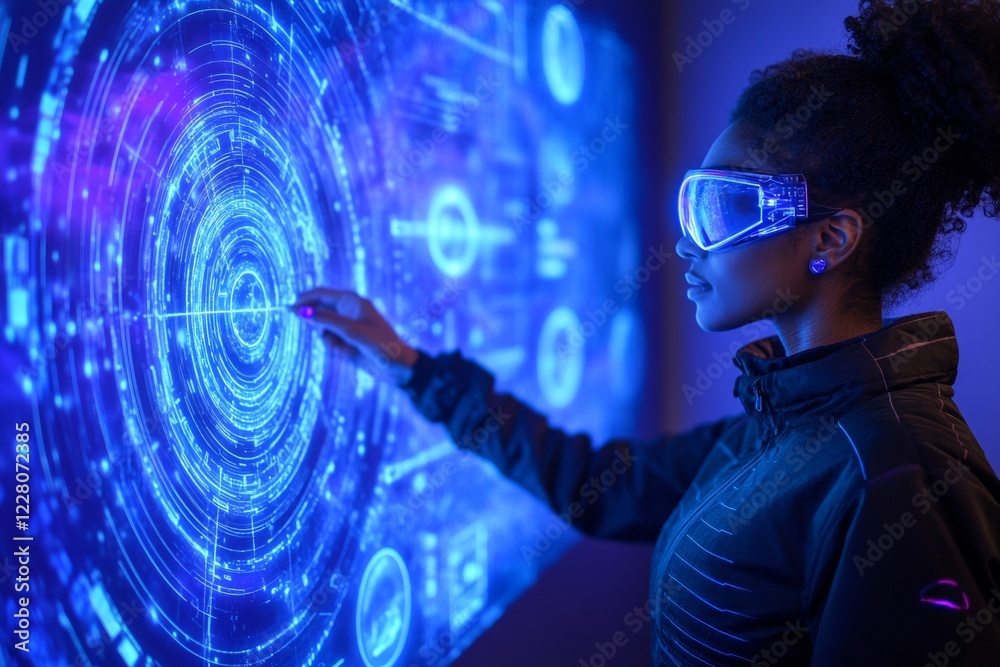 Leinwandbilder Holographic Interaction in Neon Lab Female Engineer Engaging with Solar System Interface - Tech Innovation in STEM Future Workspaces and Digital Marketing Insights