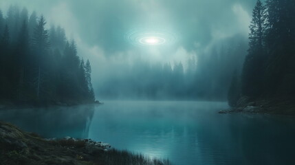A UFO flying saucer hovers above a dark lake surro_006