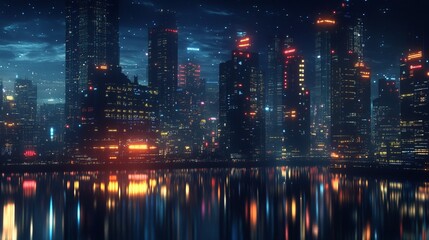 Fototapeta premium Futuristic metropolis at night, with dotted lines symbolizing connectivity. Represents the Internet of Things, urban intelligence, fast connections, and advanced networking. 