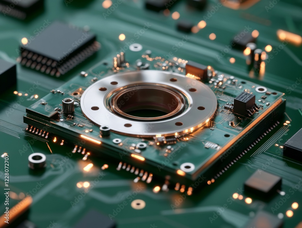 Poster Futuristic Circuitry Macro Shot Intricate Silicon and Copper PCB Design for Tech-Driven Innovation and Sustainable Electronics in Digital Commerce Applications