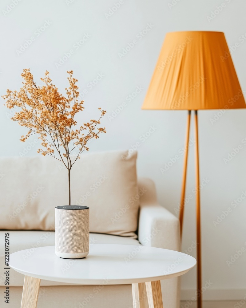 Poster minimalist smart home design voice-activated speaker on a sleek white table with neutral textures an
