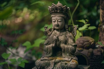 Obraz premium Serene stone statue of guan yin, the buddhist bodhisattva of compassion, praying peacefully amidst a vibrant green garden setting