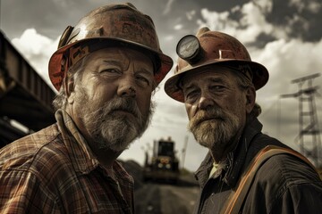 Fototapeta premium Two coal miners stand for a portrait at their worksite, a bulldozer visible in the background