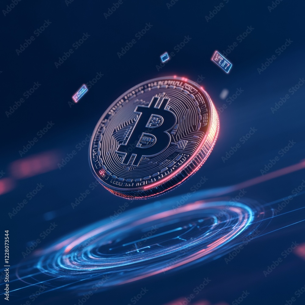 Leinwandbilder futuristic bitcoin finance display hovering coin with neon glow and holographic data - advanced digi