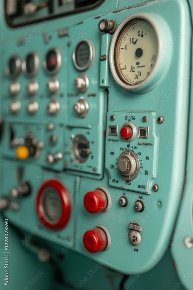 Aufkleber Retro Futurism Space Console Turquoise Metal Control Panel with Dials and Buttons - Aerospace Interface Design for Advanced User Experience in Tech Innovation