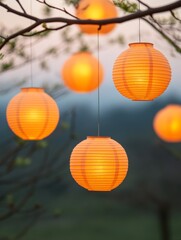 Obraz premium Contemporary Lantern Aesthetics Vibrant Decorative Paper Lanterns Amidst Nature - Nighttime Event Ambiance and Cultural Heritage Display for Outdoor Festivals