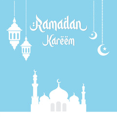 Ramadan Kareem Vector Design with Mosque, Hanging Lamps and Moon | Islamic Festival Art