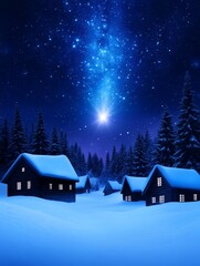 Naklejka premium Enchanting Winter Village Under Starry Night - Magical winter scene, snow-covered houses, starry sky, tranquil atmosphere, Christmas spirit. Symbolizing peace, wonder, serenity, hope, and joy.